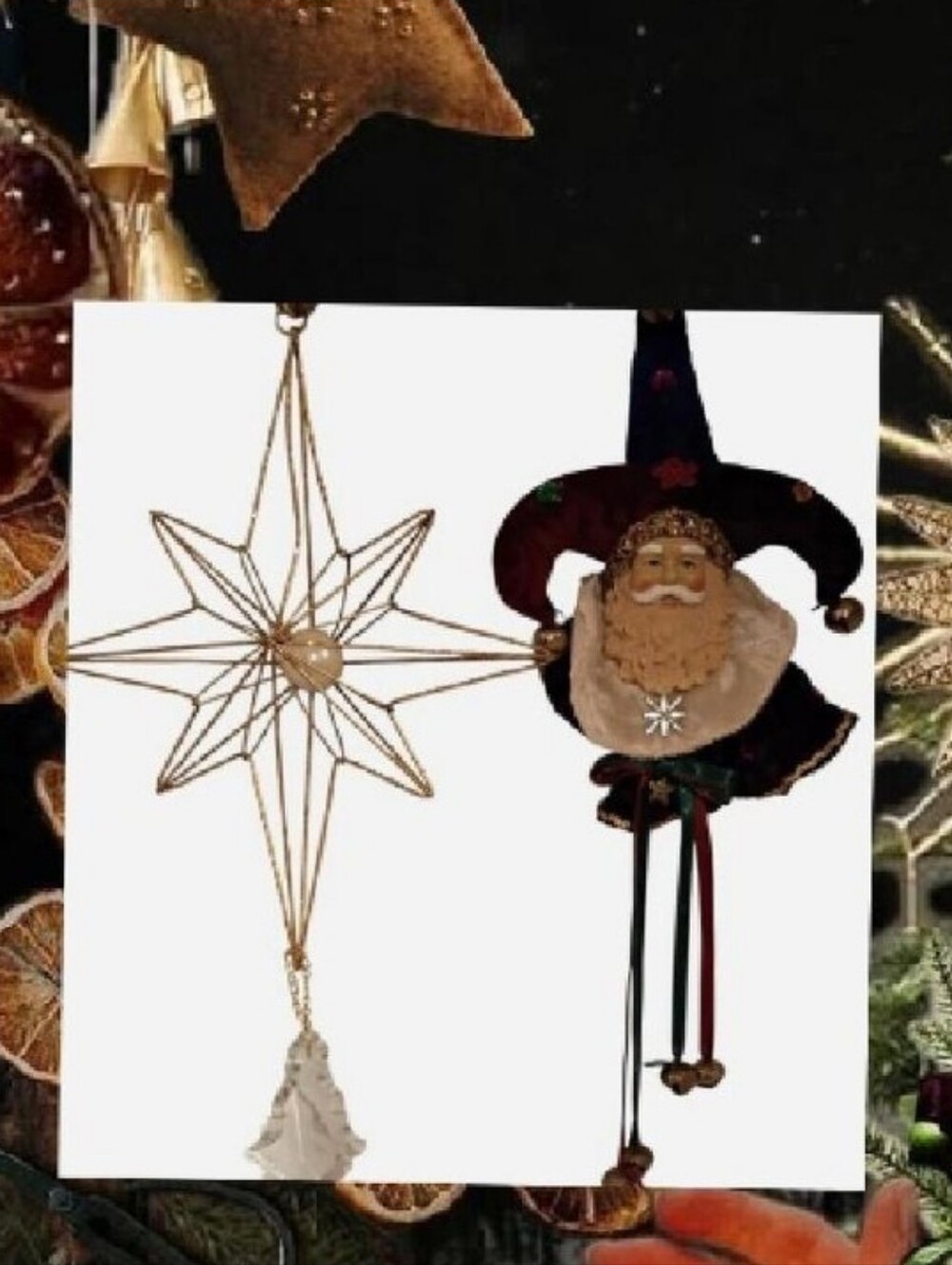 2 Vintage Whimsical Christmas Ornaments/ Jester Santa Head/Metal Gold Star